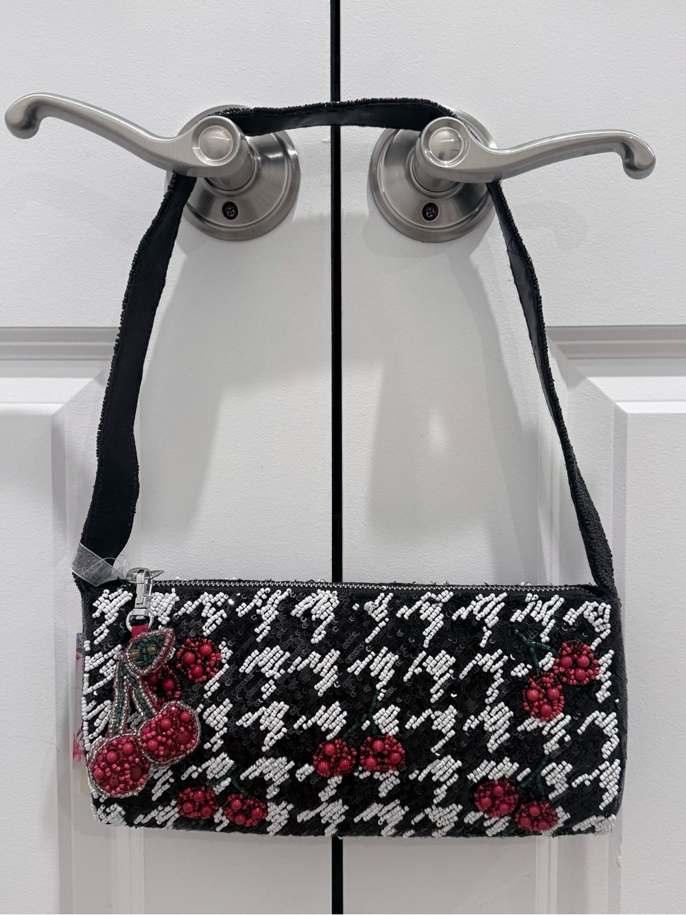 NWT Black & White Houndstooth Beaded Shoulder Bag with Red Cherry Accents